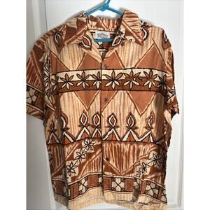 vtg Malihini Mens Hawaiian shirt brown 1960s Tiki Floral pocket Great Shape